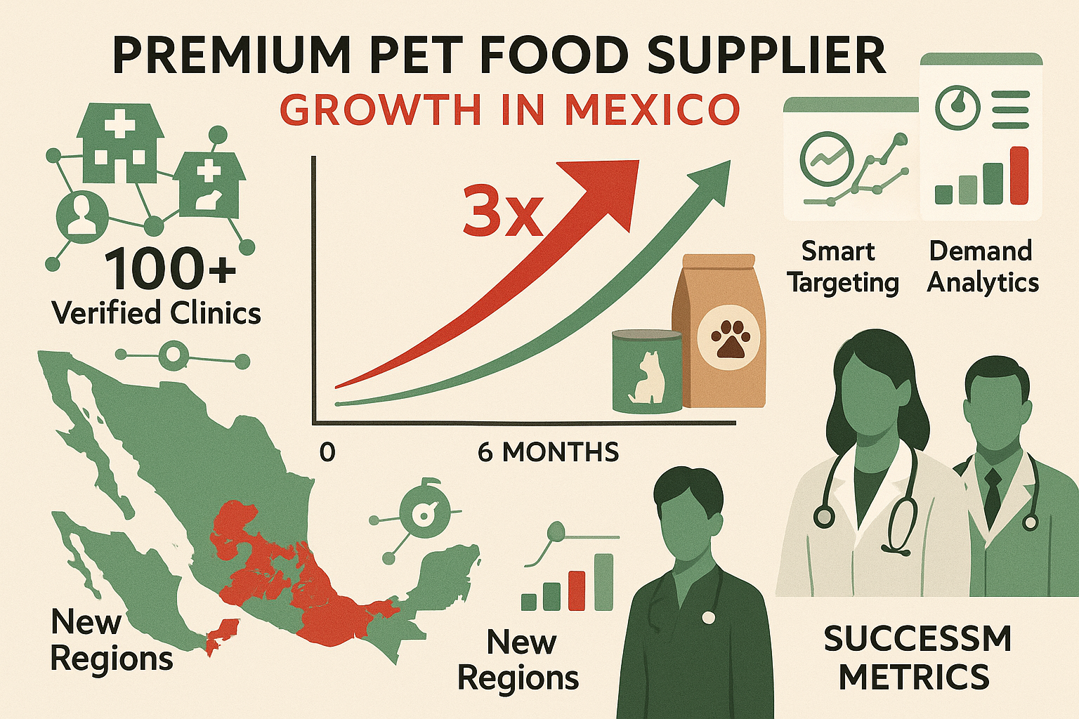 A premium pet food supplier joined Veterinarios México’s B2B marketplace and gained access to over 100 verified clinics and professionals.
With smart targeting tools and real-time demand analytics, they expanded into previously unreachable regions and tripled sales in just 6 months.