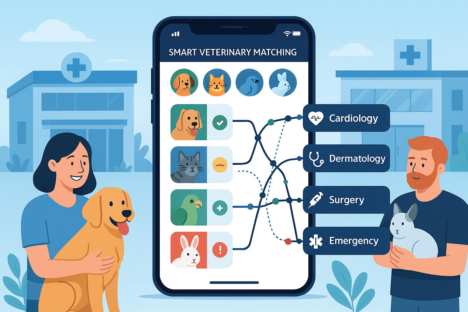 A smart matching system—similar to Netflix’s recommendation engine—connects pet owners with the right clinic or specialist based on species, symptoms, and urgency.
This has increased treatment success rates and customer satisfaction.