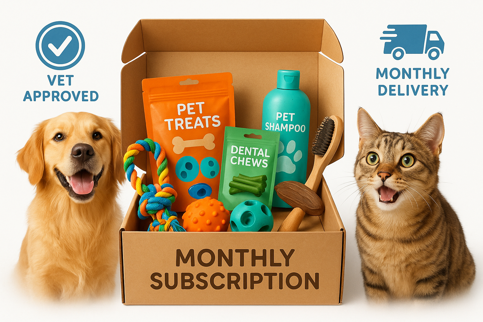 Get your monthly dose of love and care for your furry friend with our Monthly Pet Subscription Box! Each month, you'll receive a curated selection of vet-approved toys, healthy treats, hygiene products, and themed surprises to keep your pet engaged and happy. Our trusted supplier partners ensure the highest quality products for your beloved companion. Convenient and regular delivery makes it easy to care for your pet's health and well-being.