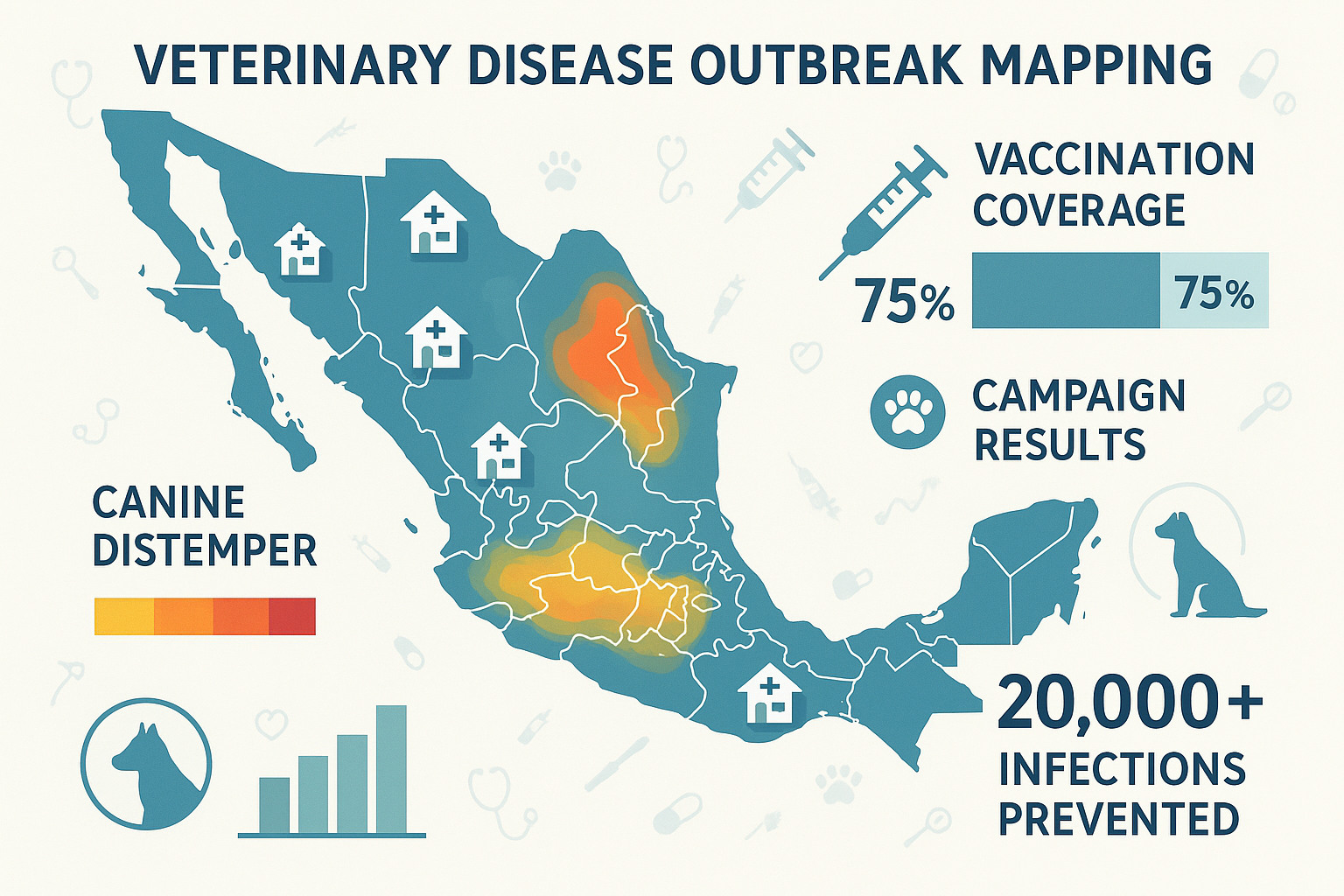 Veterinarios México anonymously analyzed clinic data nationwide to map regional disease outbreaks.
It found links between canine distemper and low vaccination coverage, allowing targeted prevention campaigns that stopped over 20,000 potential infections.
